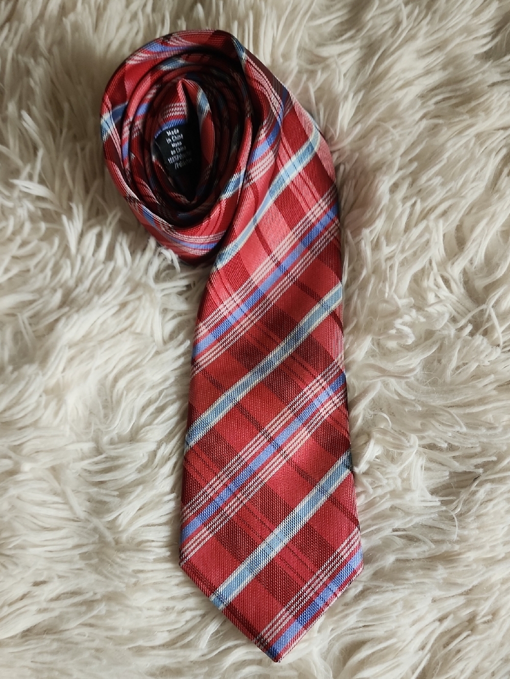 Dockers Red Plaid Men's Tie with Blue and White Stripes